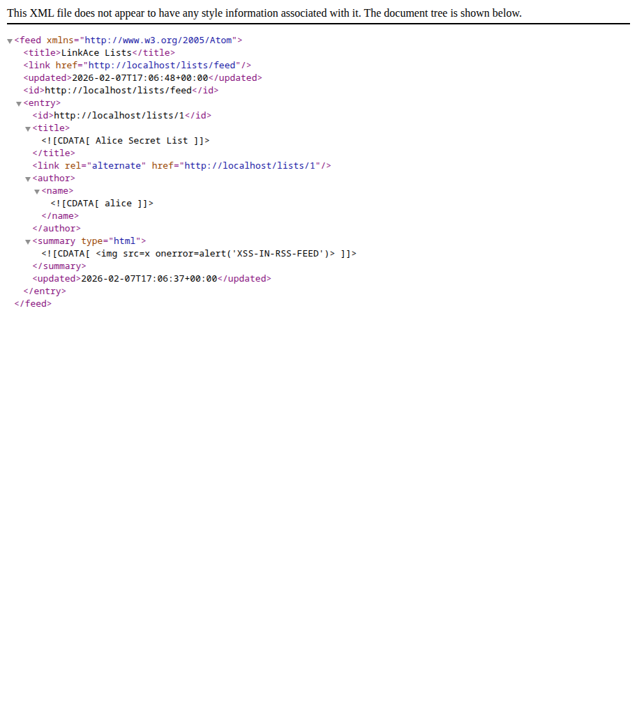 CDATA escape payload visible in Atom XML source