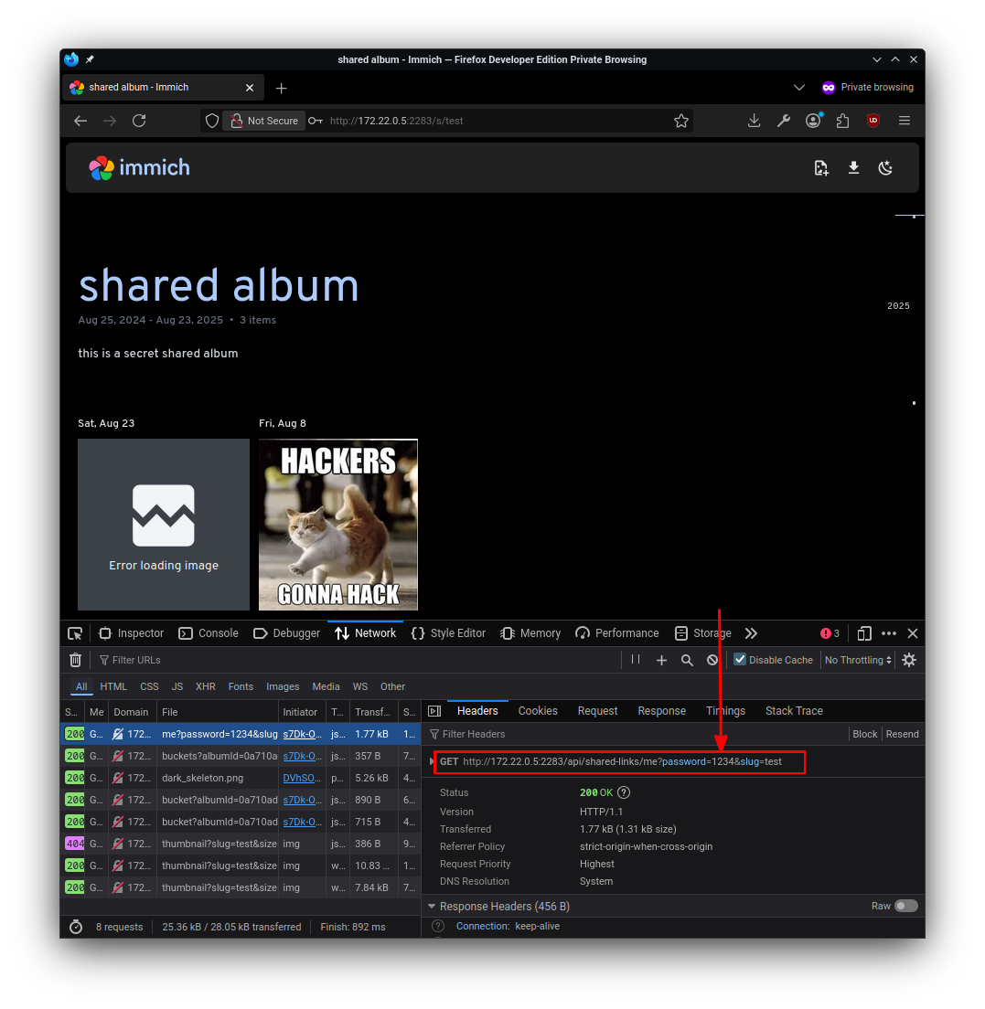 Immich shared link password transmitted in GET query parameter
